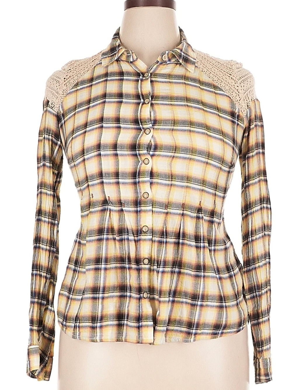 Free People Plaid Crochet Lace Button-Down Shirt Size 4